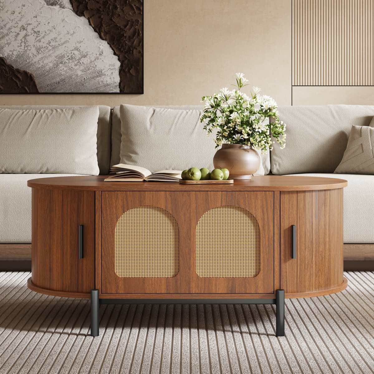 HAUSS SPOLE Salontafel - Ovaal Met Rotan Schuifdeuren En Opbergruimte - Voor Woonkamer Of Bijzettafel - MDF - 100x50x40 Cm Notenbruin