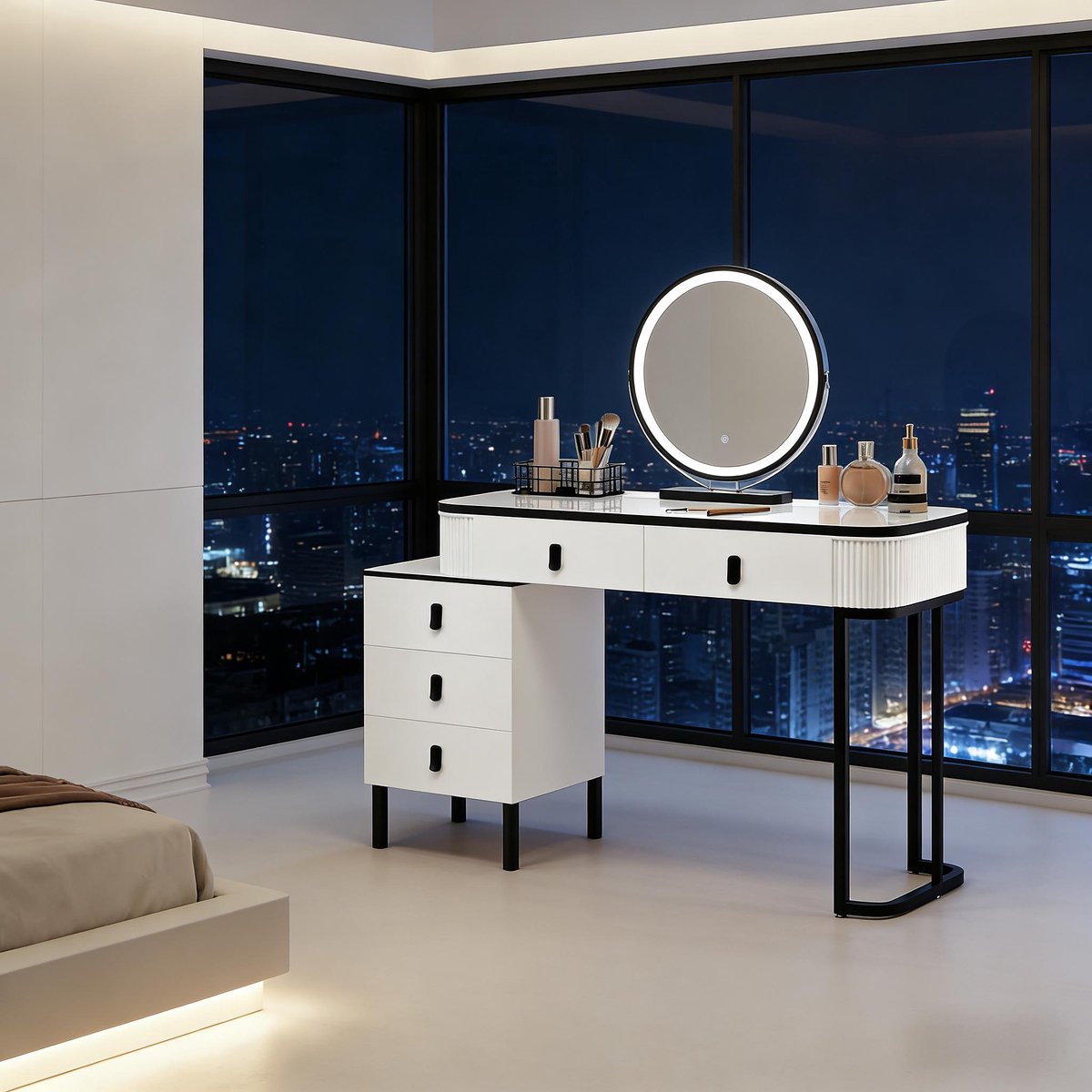 HAUSS SPOLE Kaptafel - Met Dimbare Led Spiegel En 5 Lades - Verstelbare Zijkast Voor Slaapkamer - Hout En Metaal - 100x40x125 Cm Zwart, Wit
