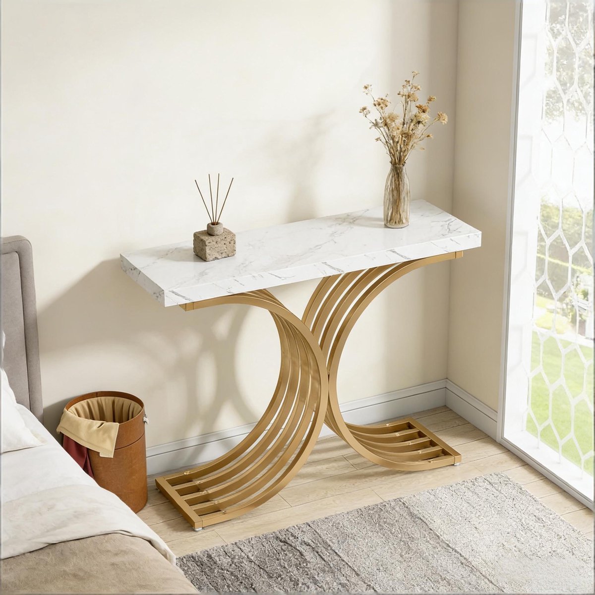 HAUSS SPOLE Consoletafel - Marmerlook Tafelblad Met Gouden Metalen Frame - Voor Hal En Woonkamer - Wit Goud - 100x30x80 Cm Goud Wit