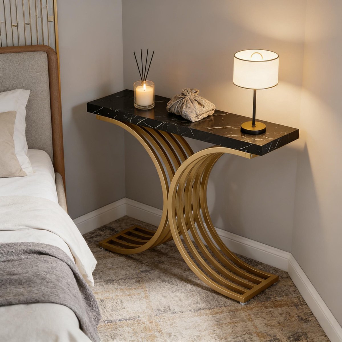 HAUSS SPOLE Consoletafel - Smal Design Met Marmerlook Blad - Voor Hal En Woonkamer - Metaal - 100x30x80 Cm - Zwart Goud