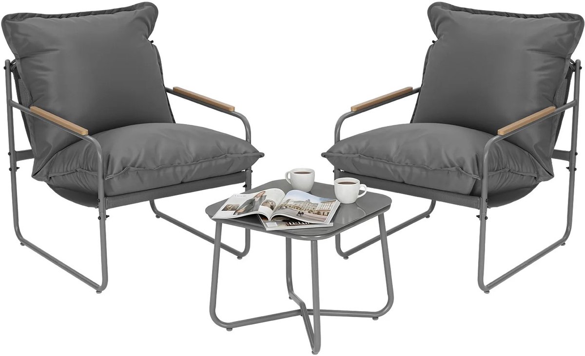 RosaBloom Luxe Balkonset - Tuinset - Loungeset - Glazen Bovenblad - Ultiem Kussenzitcomfort - 45x45x41cm / 71x59x80cm - Metaal en Glas - Grijs