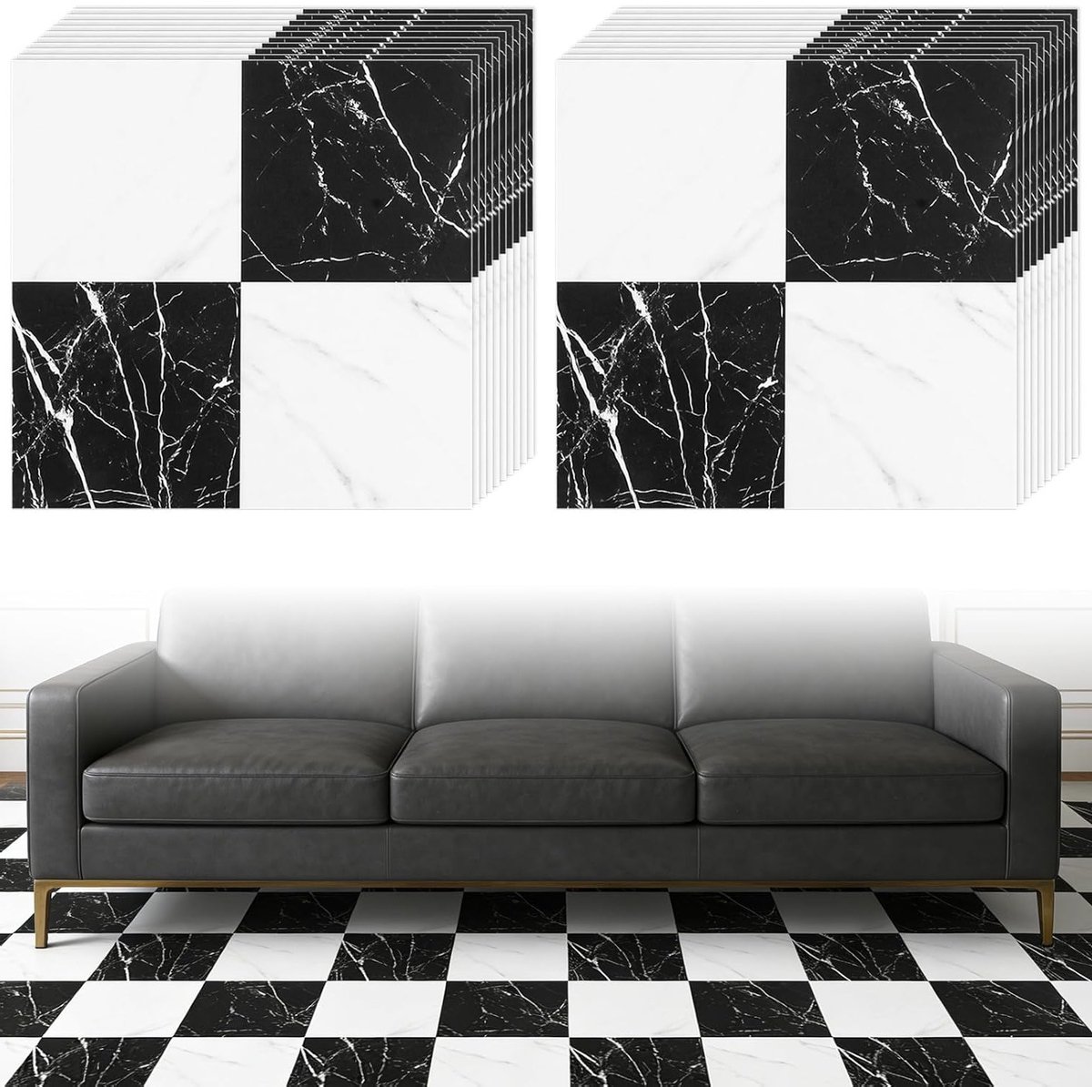 Set van 20 Zelfklevende Tegelstickers voor Keuken en Badkamer - 30 x 30 cm, Vinyl en PVC Vloeren, Makkelijk te Plakken, Zwart-Wit Marmer Design