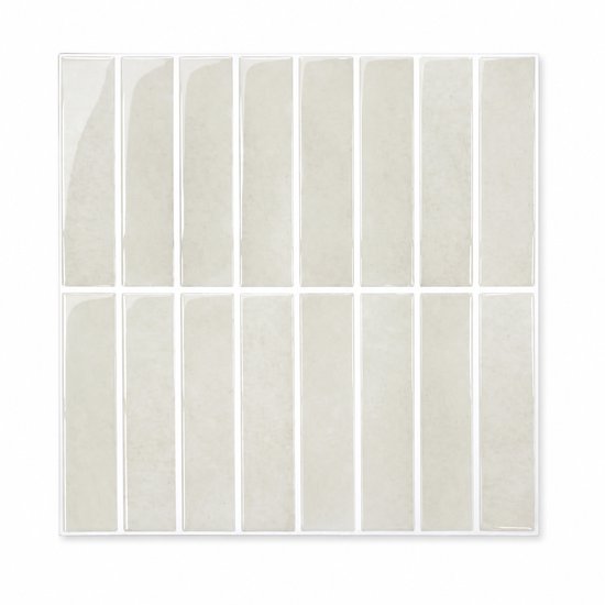Twee rijen van beige/witte rechthoekige tegelstickers met glanzende afwerking.