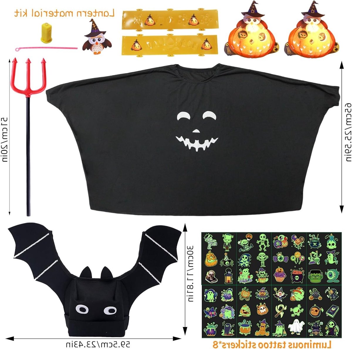 Spookachtig Halloween Kostuum voor Kinderen met Bat Hoed, Trident, Luminous Pompoenverlichting en Tatoeage Stickers voor Feestjes en Carnavals.