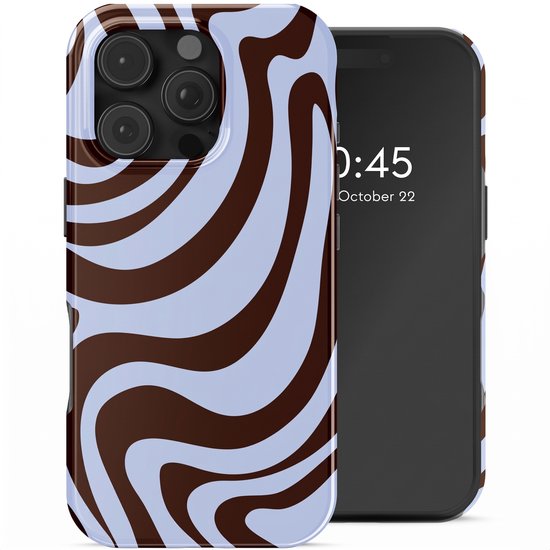 Coque de téléphone avec imprimé tourbillon marron et bleu à côté d'un téléphone.