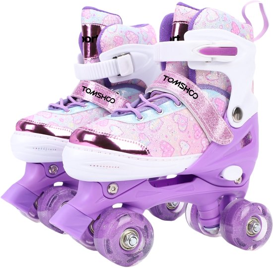 Paarse rolschaatsen met roze, blauwe en witte print en glinsterende witte banden.