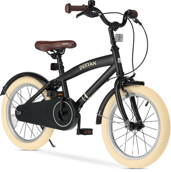 Vélo enfant noir avec pneus blanc cassé, selle et poignées marron. Marque 'Deryan' sur le cadre.