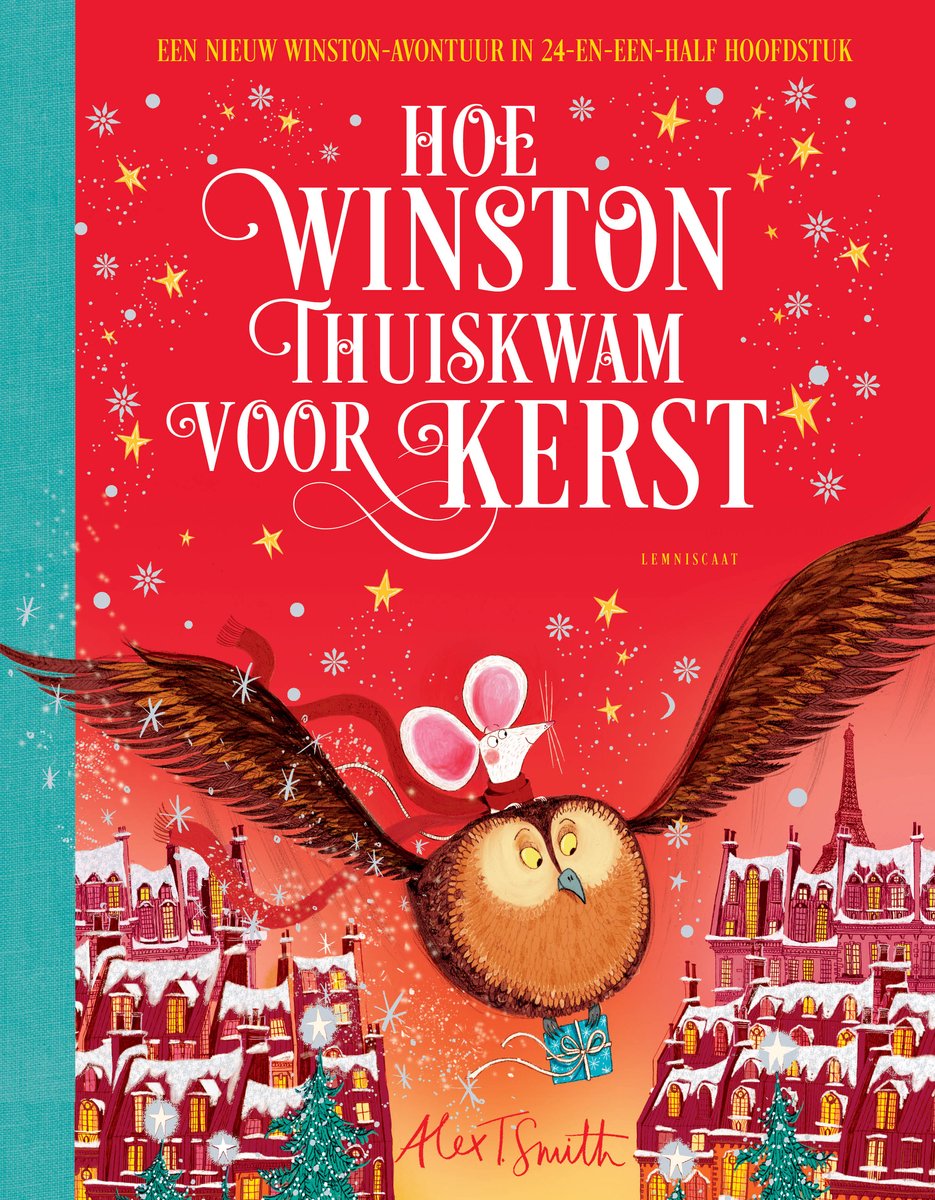 Boekomslag met een uil met vleugels die een cadeautje draagt en een muis op zijn rug, tegen een rode achtergrond met sneeuw, sterren en huizen.