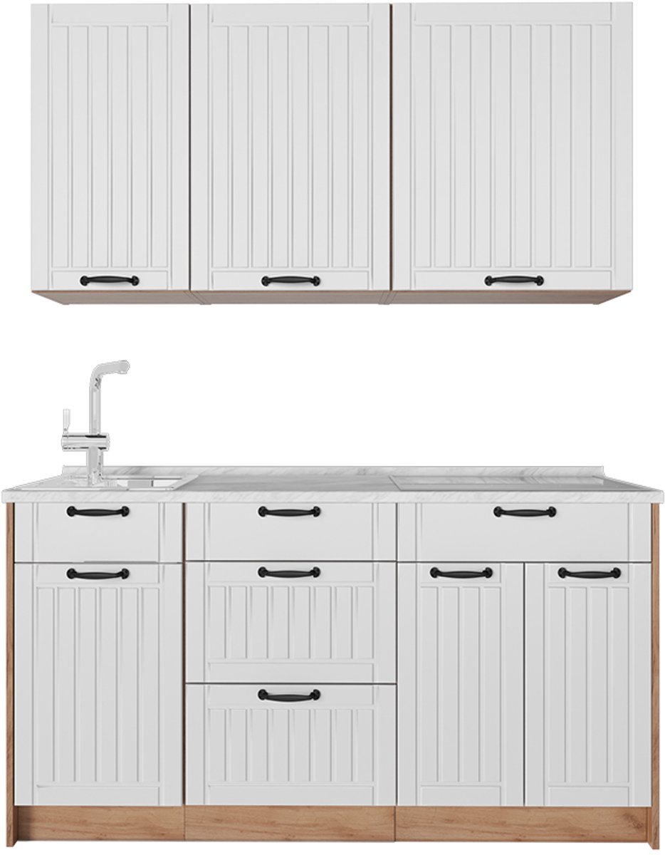 Vicco Eenpersoonskeuken Fame-Line, Wit Landhuis/Goudkleurig Eiken, 150 cm, WB Marmer