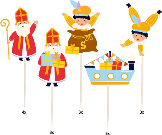 Sinterklaas decoratieprikkers: Sinterklaas met staf, Sinterklaas met cadeau, pieten met zak, pieten op boot.