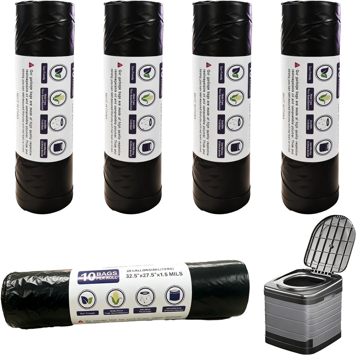 SnelShoppen - 100 Stuks Zwarte Biologisch Afbreekbare Camping Toiletzakken Set - 30L Waterdichte Afvalzakken - Extra Dikke Toilettassen voor Kamperen,