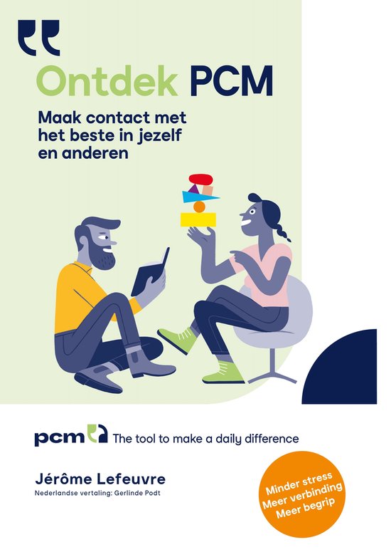 Ontdek PCM. Een man en vrouw zitten tegenover elkaar en communiceren. Tekst: 'Maak contact met het beste in jezelf en anderen.'