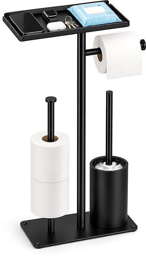Zwarte, vrijstaande toiletrolhouder met toiletborstel, opbergplateau en ruimte voor twee rollen toiletpapier.