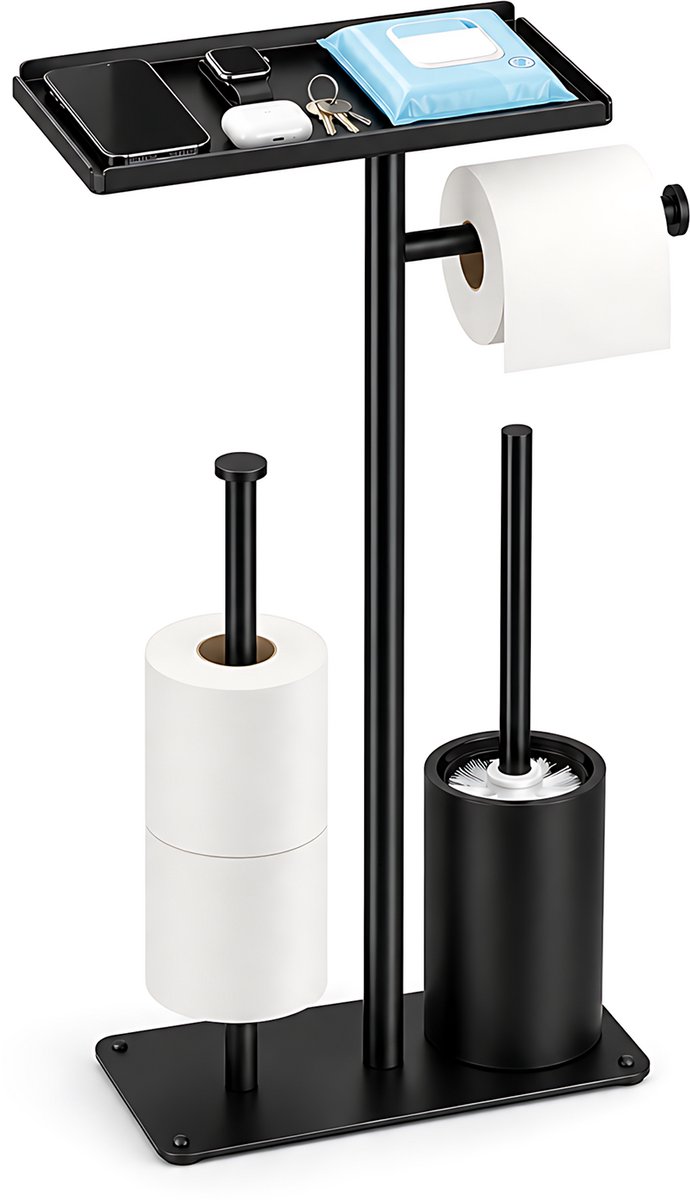Staande Toiletrolhouder met Toiletborstel - Badkamer Opbergrek Vrijstaand - Toiletpapier Houder met Borstel - Metaal Badkamer Organizer Zwart