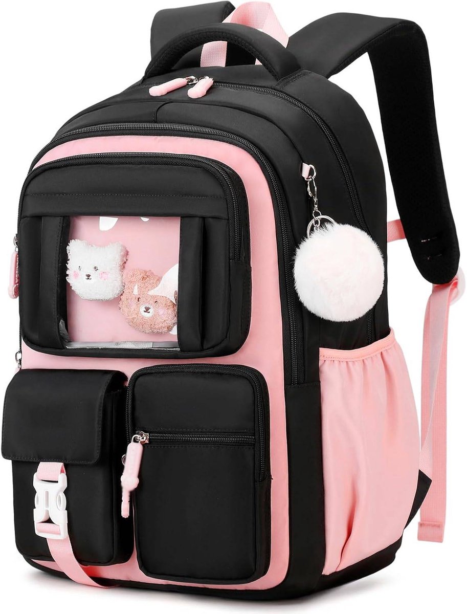 LISM-Schooltas voor meisjes, ademende schooltas geschikt voor basisschoolkinderen van groep 1 t/m 5, casual schooltas, zwart en roze.