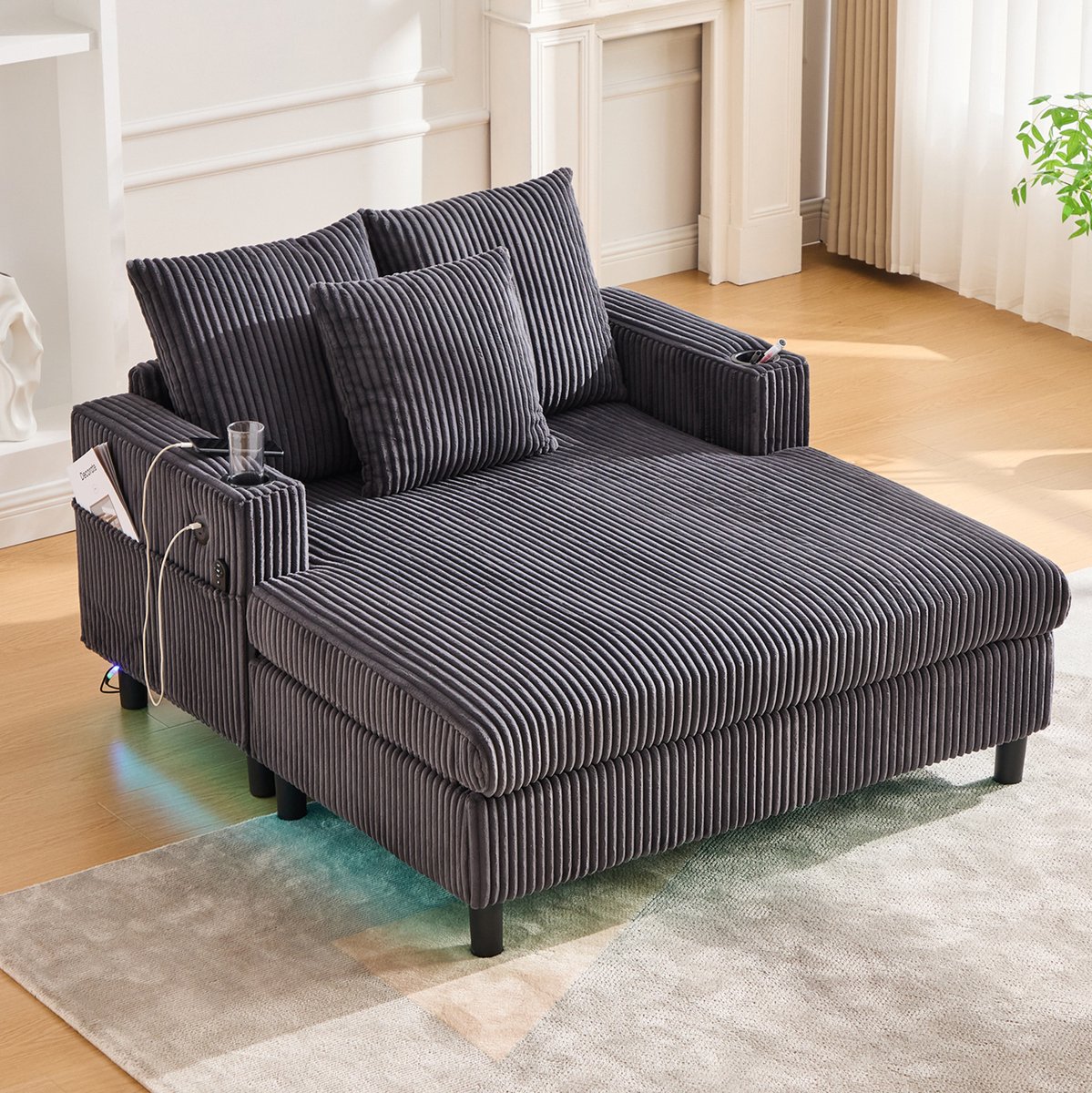 DESMIU Fauteuil 142 x 128 x 85 cm - Relaxfauteuil Met Usb, Bekerhouders En Ledverlichting - Voor Woonkamer En Slaapkamer - Donkergrijs