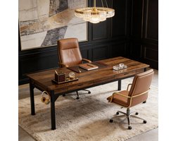 FloraGrace Bureau - Tweepersoons Directiebureau Met 2 Lades En 2 Haken - Voor Kantoor En Samenwerken - Hout En Metaal - 200x60x82 Cm - Zwart Rustiek Bruin