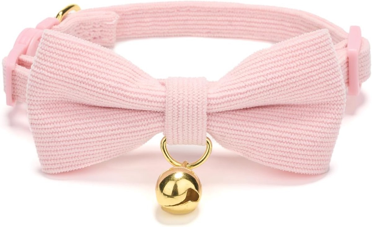 SnelShoppen - Ultra-zachte kattenhalsband van natuurlijk katoencord, lichtgewicht met snelsluiting en afneembare strik, Roze, 1-pack, ideaal voor gevo