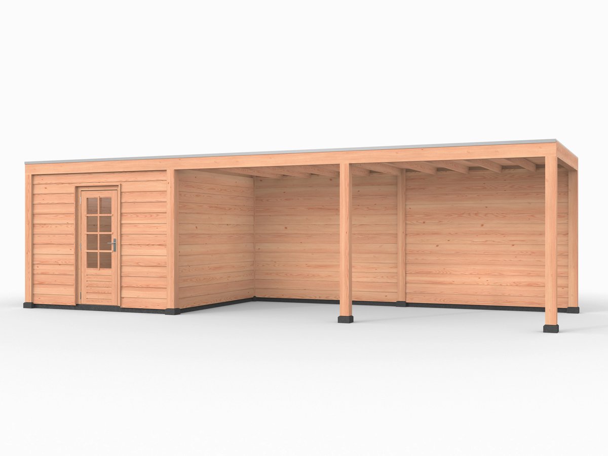 Douglas overkapping, 900 x 300, met achterwand en schuur, Westwood Elegant