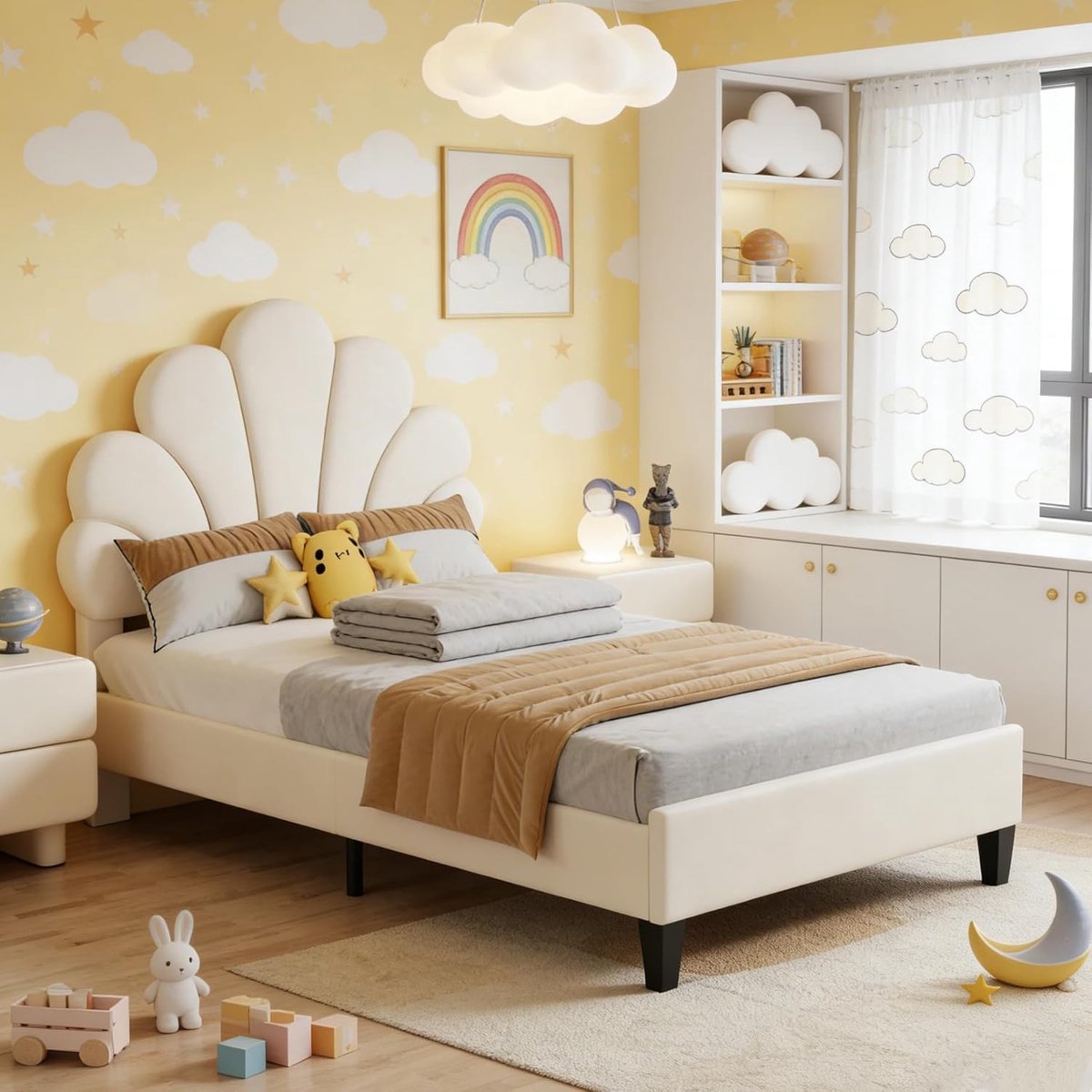 ROSAHQNDA Gestoffeerd bed met bloemvormig hoofdbord en lattenbodem 90x200 cm, Kinderbed, Eenpersoonsbed, Prinsessenbed, Fluweel, Beige. zonder matras beige-Flueel