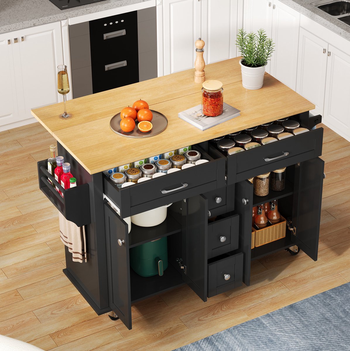 MEUNIQ keukenwagen met uitklapbaar werkblad 140 x 40/65 x 89 cm, 5 lades, 2 kastjes, kruidenrek, handdoekenhouder en 5 wielen, keuken eiland zwart naturel