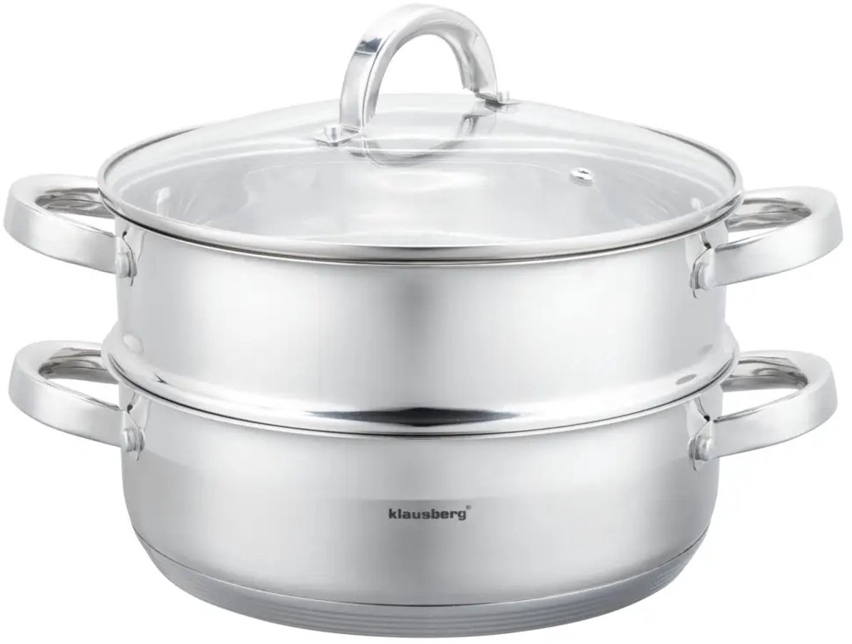 Klausberg - Stoompan - 3-delige RVS Stoomkookset - Stoominzet - Glazen Deksel - Inductie - Gas - Elektrisch - RVS - 6 Liters - 26 cm - Zilver