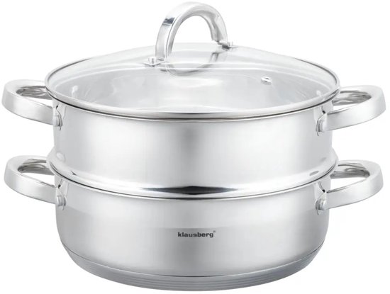 Klausberg - Stoompan - 3-delige RVS Stoomkookset - Stoominzet - Glazen Deksel - Inductie - Gas - Elektrisch - RVS - 6 Liters - 26 cm - Zilver