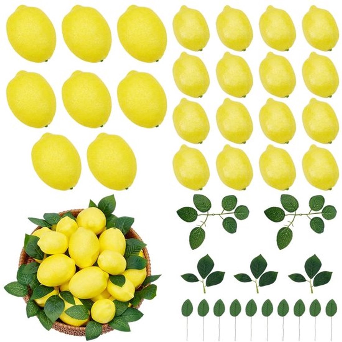 Kunstfruit Set van 50 Stuks - Nepcitroenen - Kunstmatige Bladeren - Realistische Decoratie - Zomerdecoratie - Ideale Maat 8,9 cm en 7,6 cm - Nepfruit