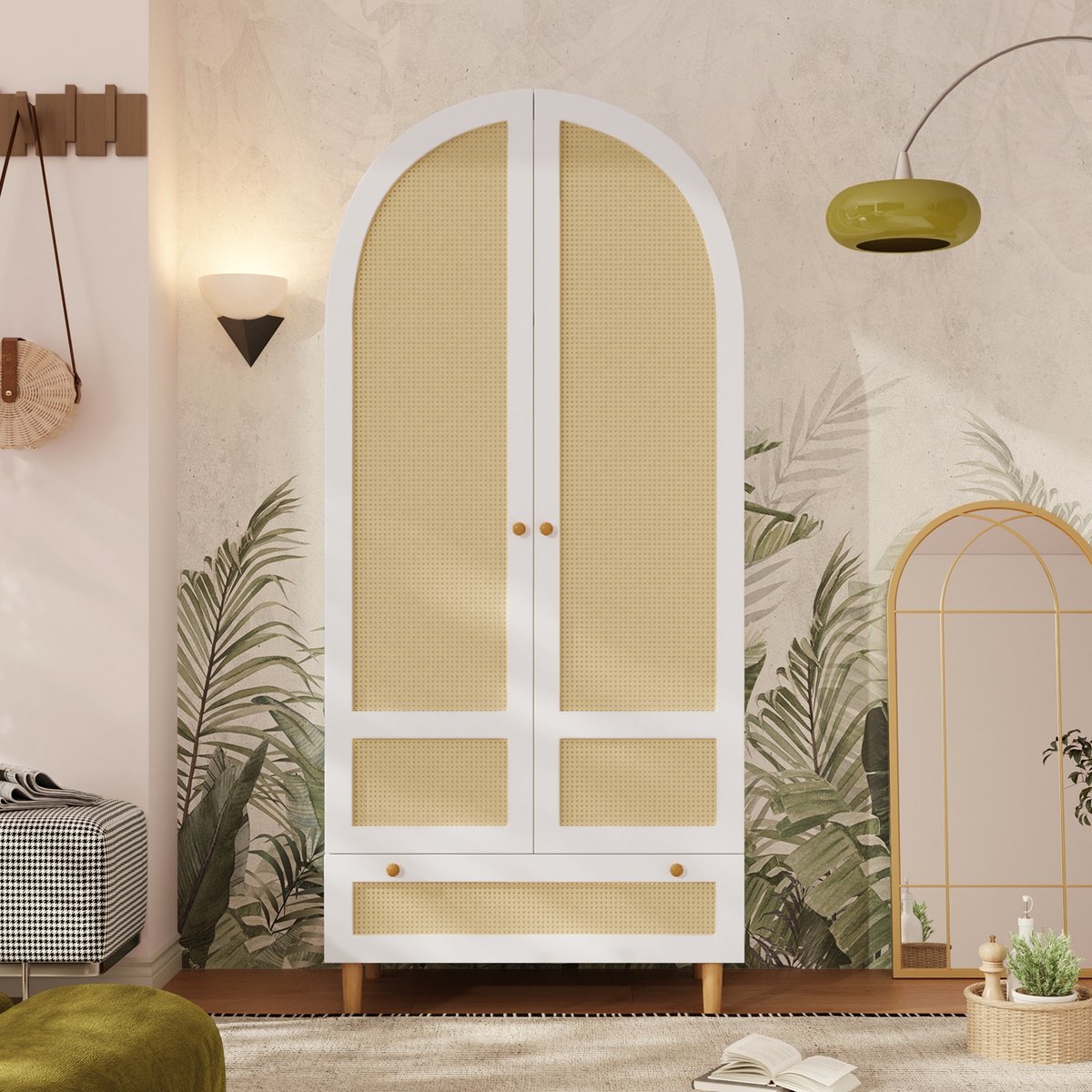 Sweiko Kledingkast - Rieten stijl - Gebogen ontwerp - Met lades - 80 x 50 x 180 cm - Wit + Naturel
