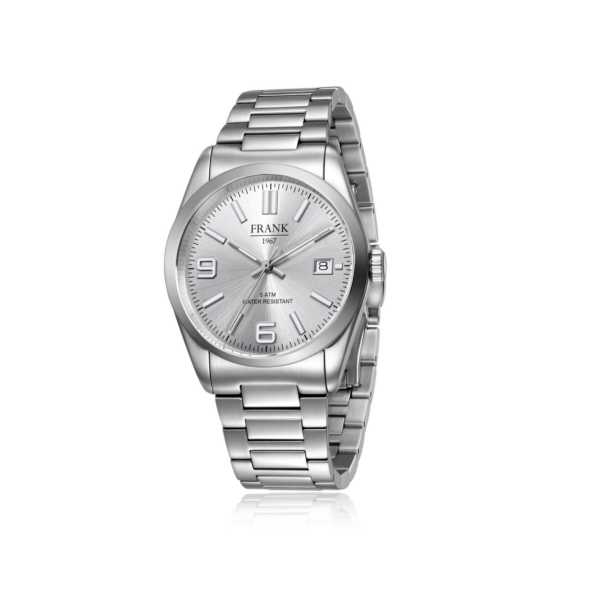 Frank 1967 7FW-0032 – Heren Horloge – Zilverkleurige Sunray Wijzerplaat – RVS Schakelband – 36 mm – 5 ATM Waterbestendig – Cadeau voor Mannen