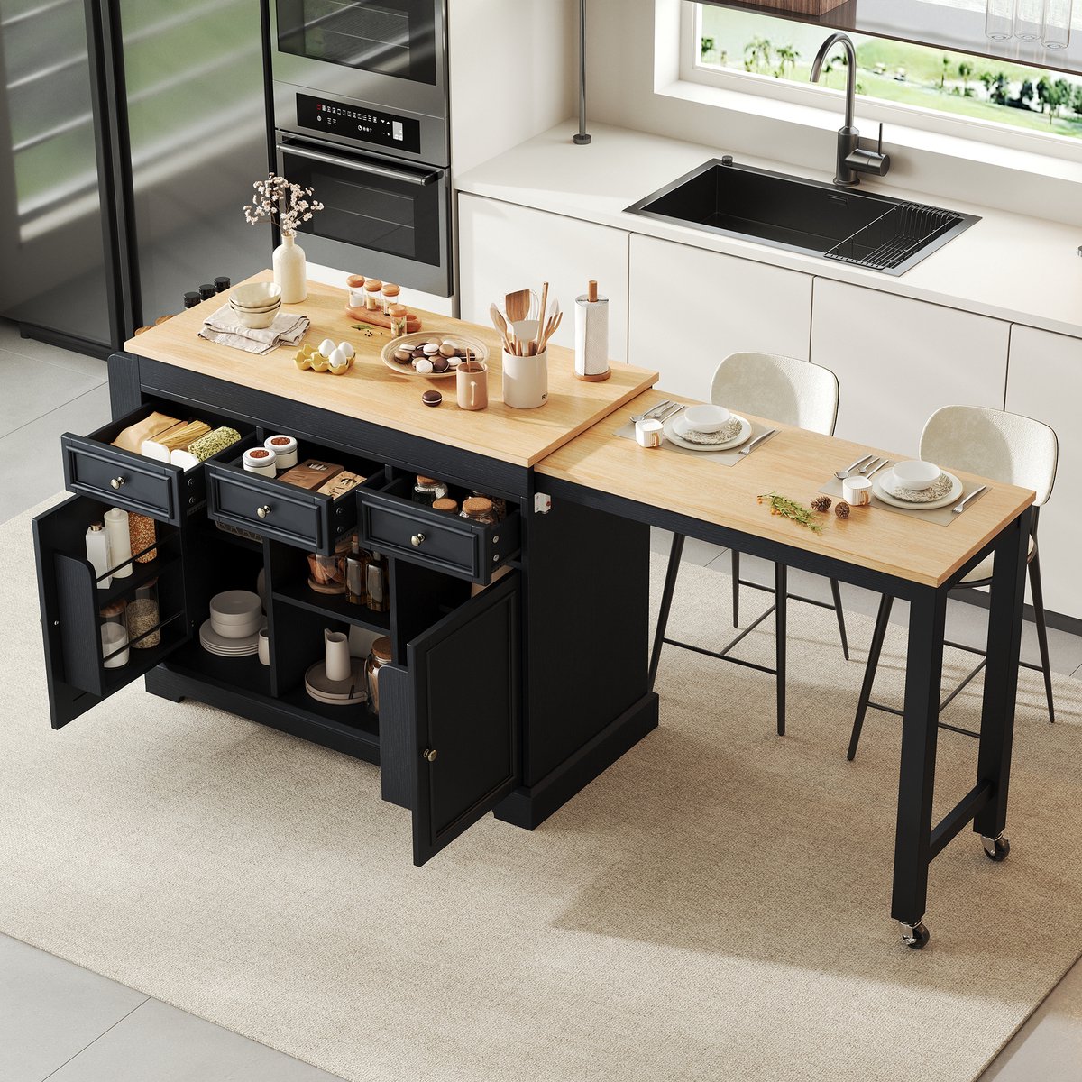 Keukentrolley - met mobiel ontwerp en uitschuifbaar werkblad - zwart en naturel - afmetingen 124,3 x 45 x 92 cm - voor een praktische keuken