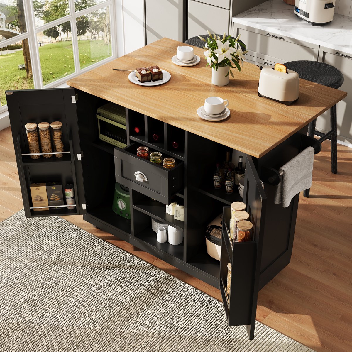 Keukentrolley - met mobiel ontwerp en inklapbaar werkblad en opbergruimte - zwart - afmetingen 140 x 40 x 93,5 cm - voor een praktische keuken