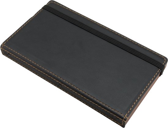 Zwarte portemonnee met bruine stiksels en elastische band, op een houten ondergrond.