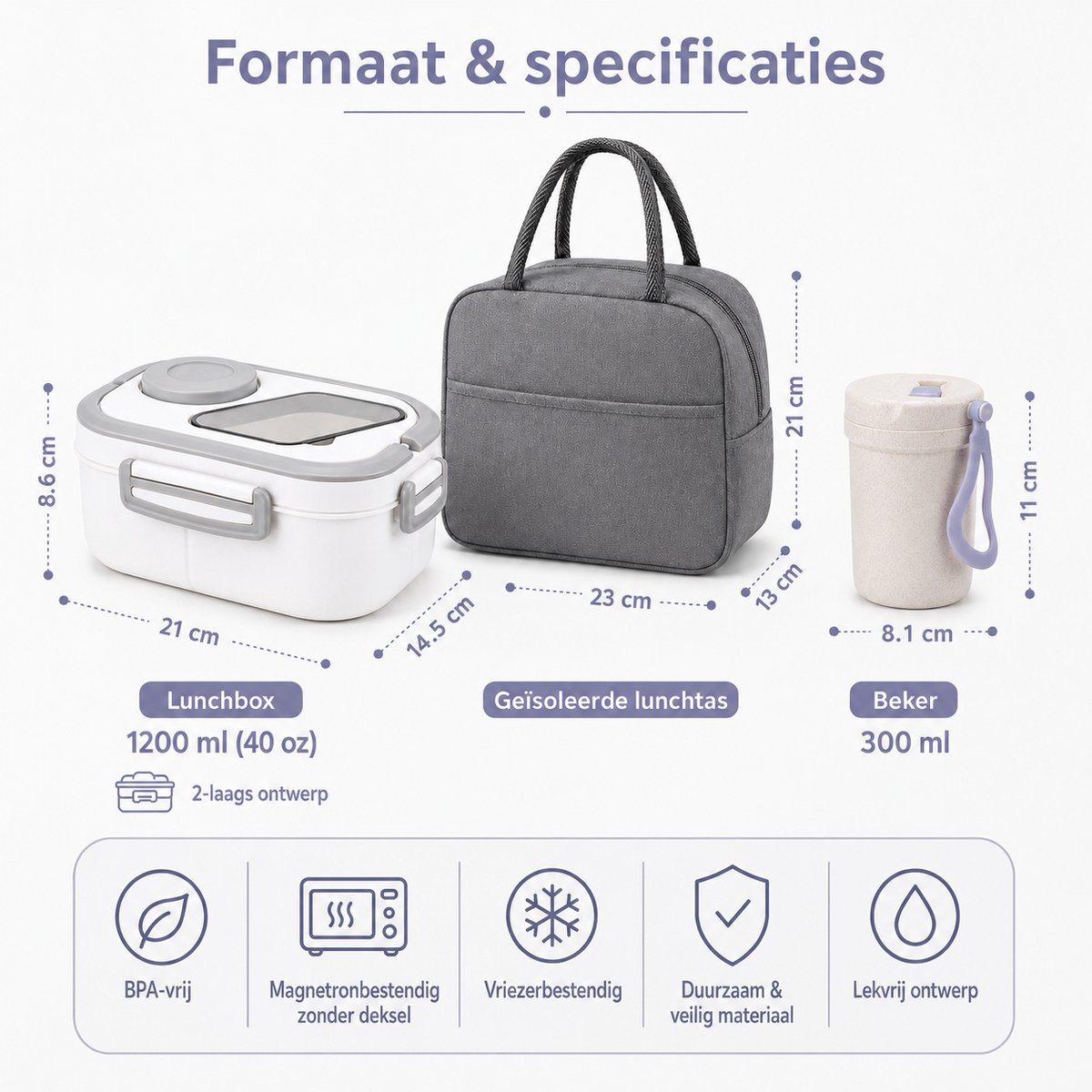 Bobypet - Lunchbox Set met Geïsoleerde Lunchtas- 1200ml - 2-Laags Stapelbare Broodtrommel met Vakjes - Lekvrij en BPA-Vrij - Inclusief Bestek, Sausbakje en Waterbeker - Geschikt voor Magnetron -Wit — cadeau in Koken & Dineren - foto 2