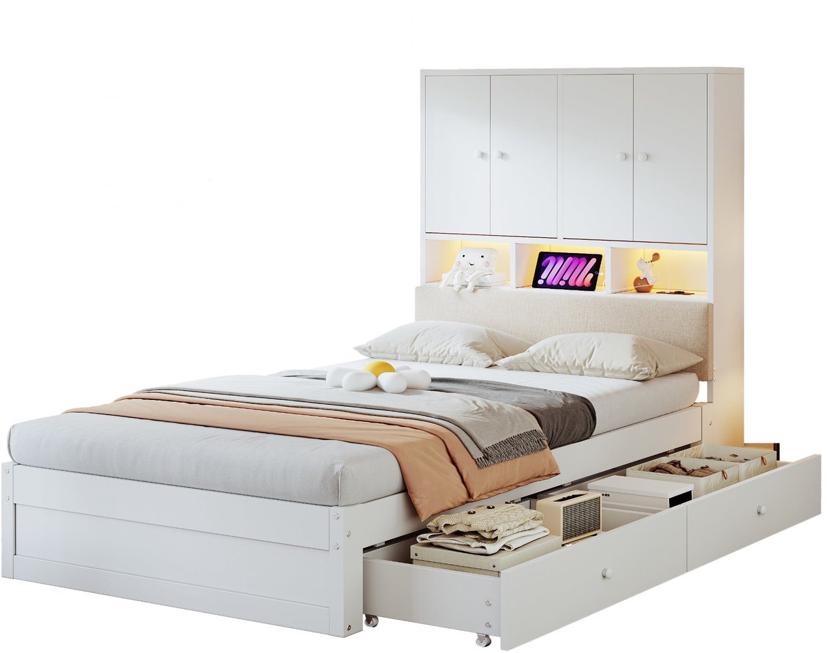 Merax Houten Bed 90 x 200 cm - Bed Met Opbergruimte - 2 Lades - LED Verlichting - Stopcontact - Gestoffeerd Hoofdbord - Wit