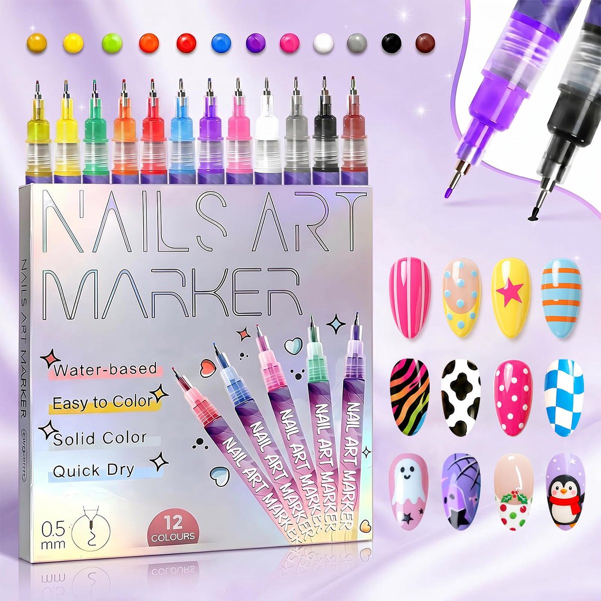 Namajunas - Nail art penselen - 12 kleuren - 0,5 mm fijne punt - Snel drogend - DIY nail art - Nagel ontwerp - Geschikt voor het tekenen van fijne lijnen en patronen - Geschikt voor beginners - Perfect cadeau