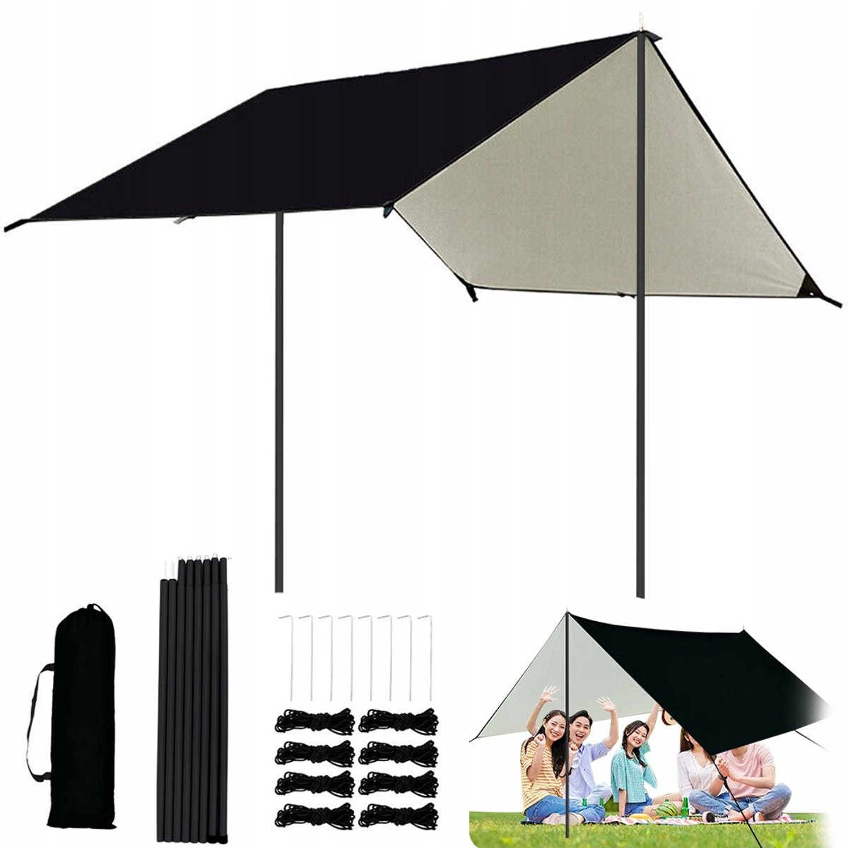 Camping Tarp - Zonneschermzeil - Schaduwdoek Luifel - 300x300 cm - 3-4 Personen - 210D Oxford - Waterdicht & Scheurvast - UV Beschermend & Zonwerend - met Metalen Palen & Haringen - Outdoor Tent - Voor Kamperen en Picknicken