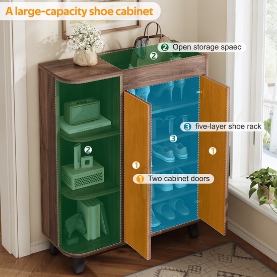 STILVORA Schoenenkast - Smal Ontwerp Met Open Vakken En Dubbele Deuren - Voor Hal En Kleine Ruimtes - Houtlook - 80x32x99 Cm - Walnoot — afbeelding 3