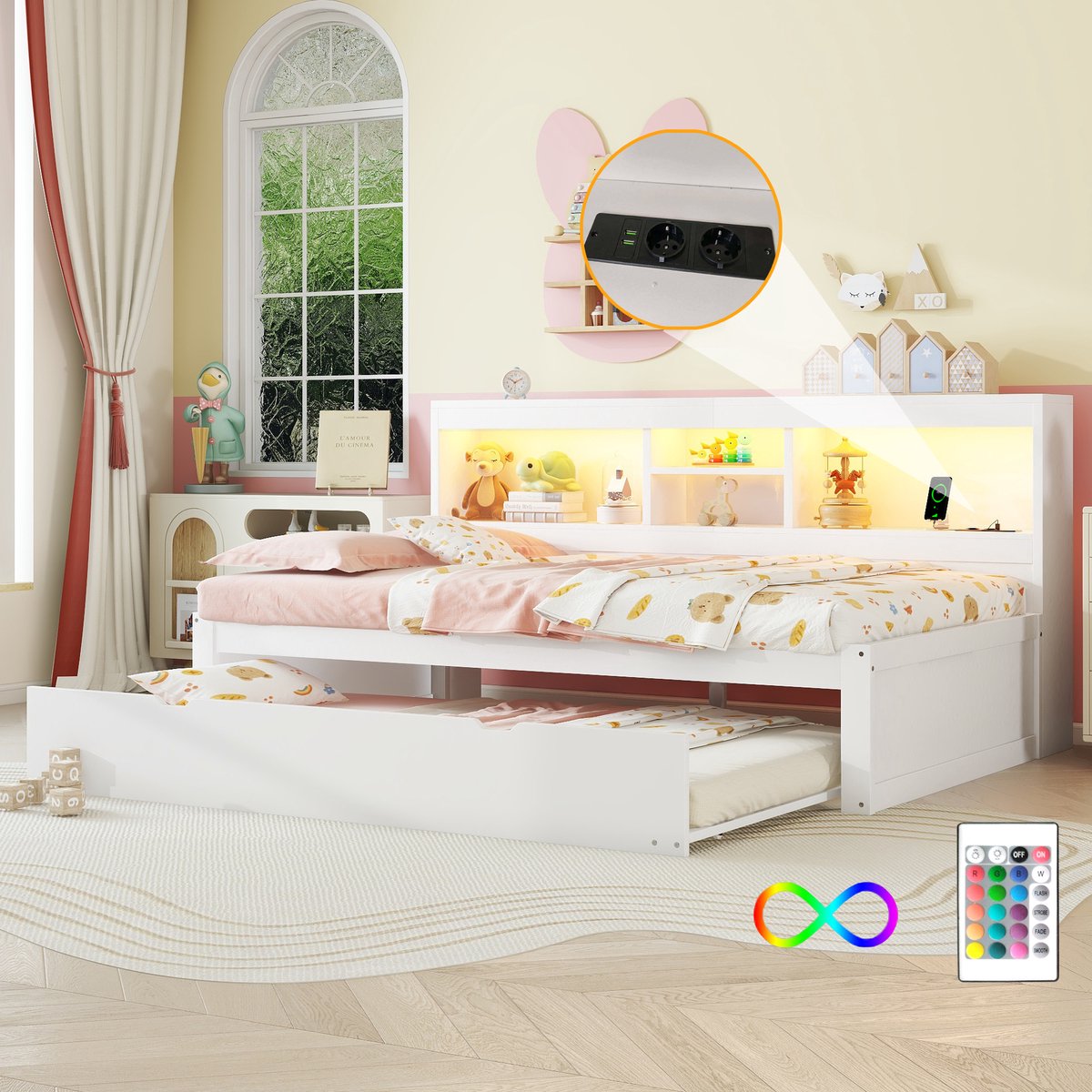 Dagbed 90x200 cm - Met LED-Verlichting - Met Opbergruimte - Uittrekbaar - Wit
