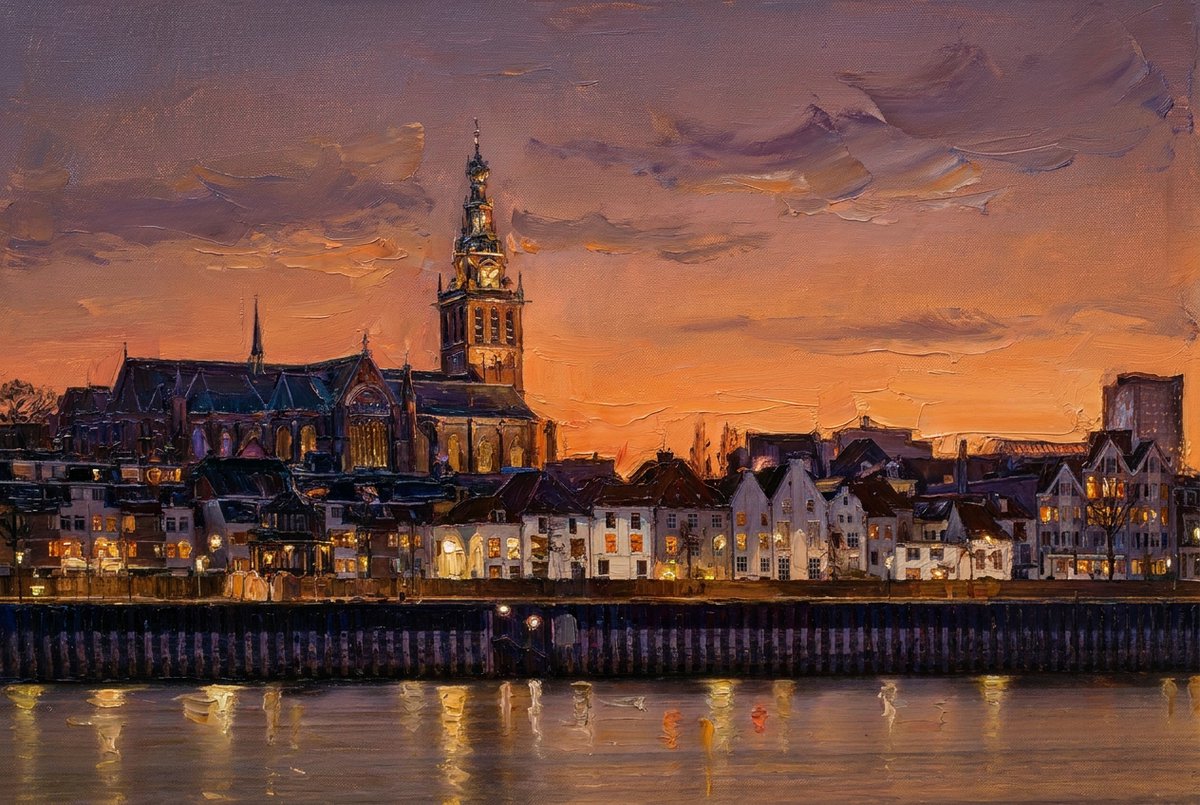 Atelier Iconique Skyline Nijmegen Luxury Oil Painting Skylines - Print op Canvas 90x60 cm - Atelier Iconique rijke, warme en premium kunsttinten