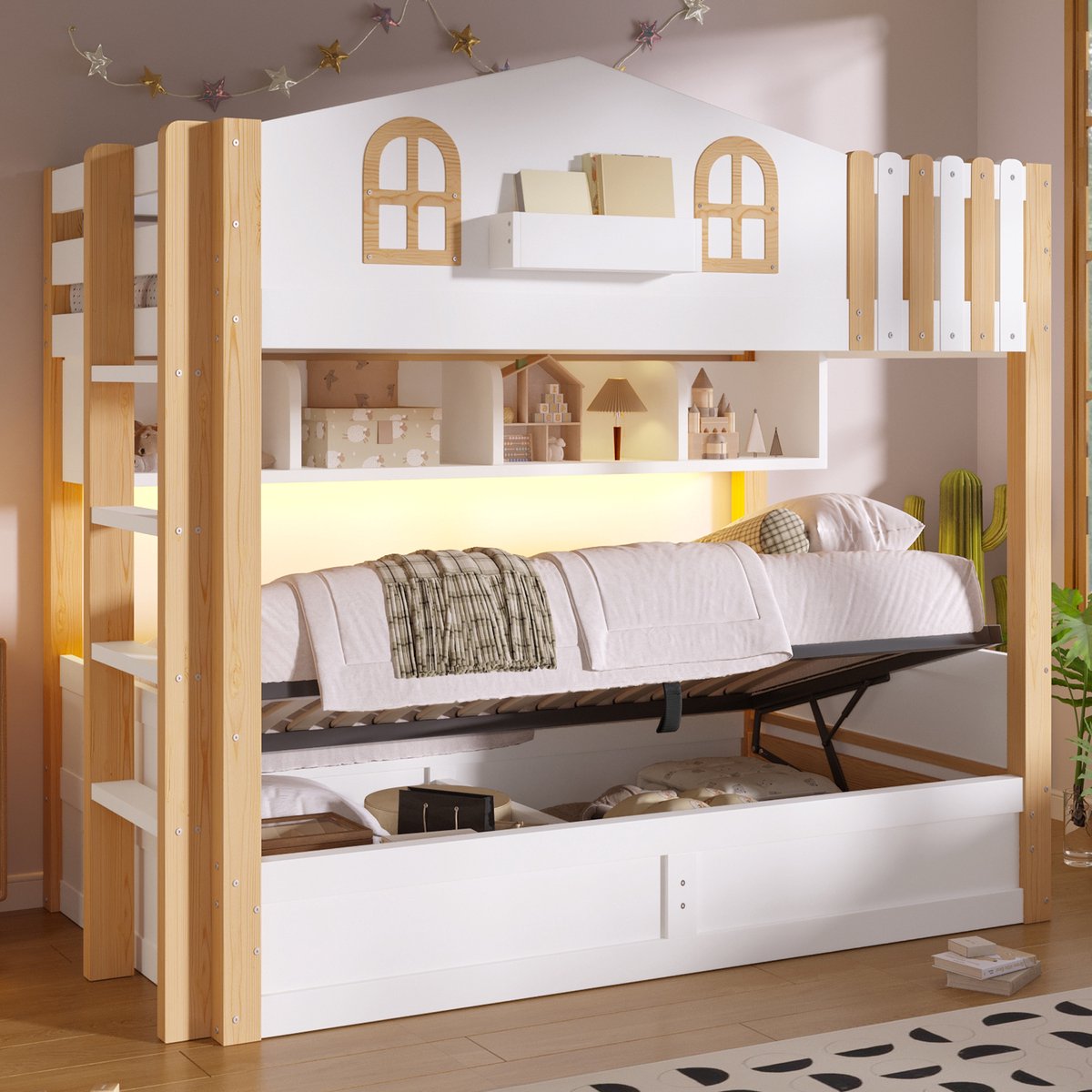 Stapelbed 90x200 cm Zonder Matras Huisdesign Met LED Verlichting En Opbergruimte Met Flexibele Ladder En Veiligheidshek Hout Wit Naturel