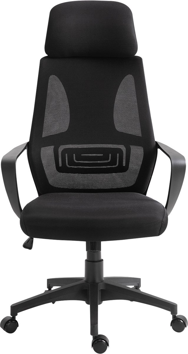 Zwarte Bureaustoel 64 x 55 x 126 cm, Ergonomische Computerstoel met Hoofdsteun en Lendensteun, Hoogteverstelbare Draaistoel met Wipfunctie, Verstelbare Rugleuning, Comfortabele Werkstoel voor Kantoor, Thuiswerk en Studiekamer, Tot 120 kg