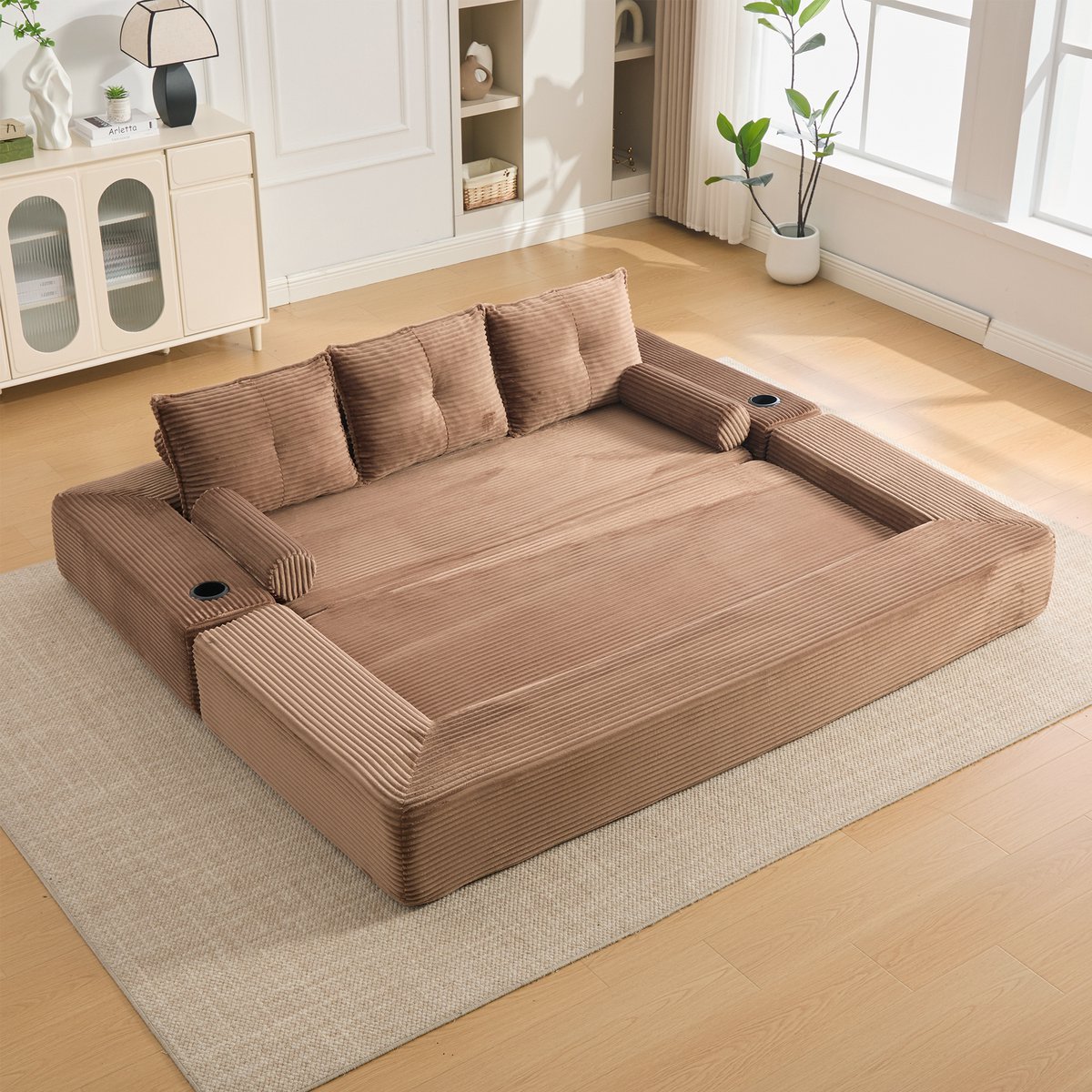 MODFU - Slaapbank - 3-Zits - Corduroy - Bruin - Met Slaapfunctie - Bekerhouder