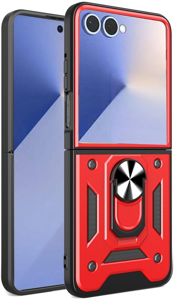 MobyDefend Hoesje - Geschikt voor Samsung Galaxy Z Flip 8 - Pantsercase Met Draaibare Ring - Rood