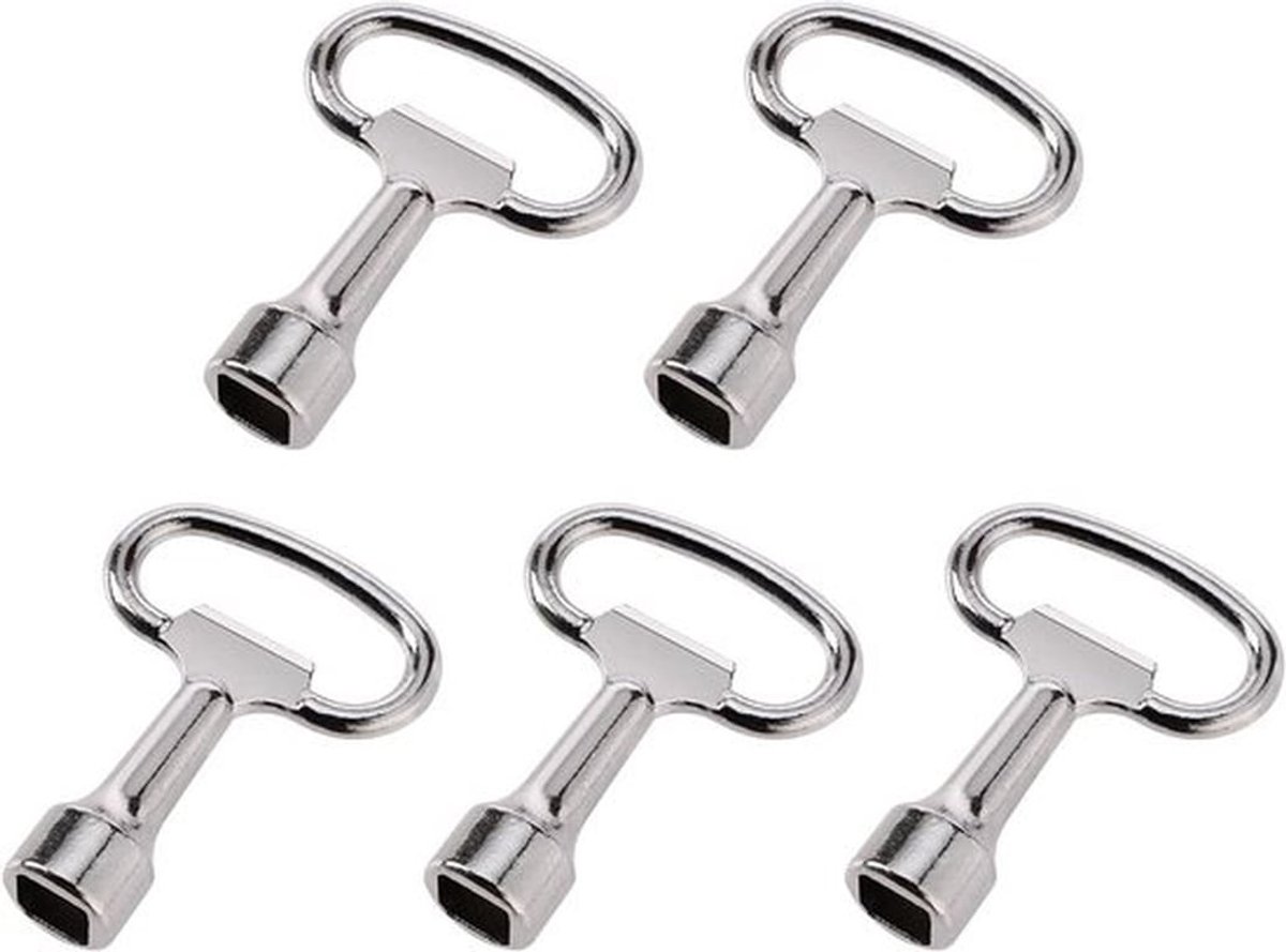 5 stuks doornsleutel, vierkante sleutel, steeksleutel, schakelkastsleutel, verwarmingsontluchtingssleutel voor gas, watermeter, doos, zilver