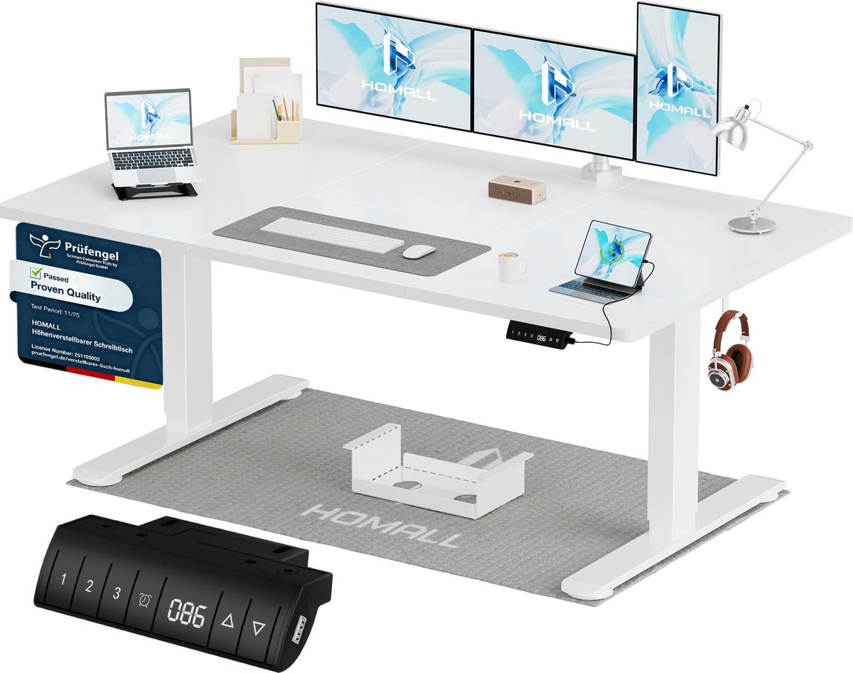 Devoko Elektrisch Zit-Sta Bureau 140x70 cm - 18 mm Bureaublad - Zit-herinnering - USB-poort - Wit