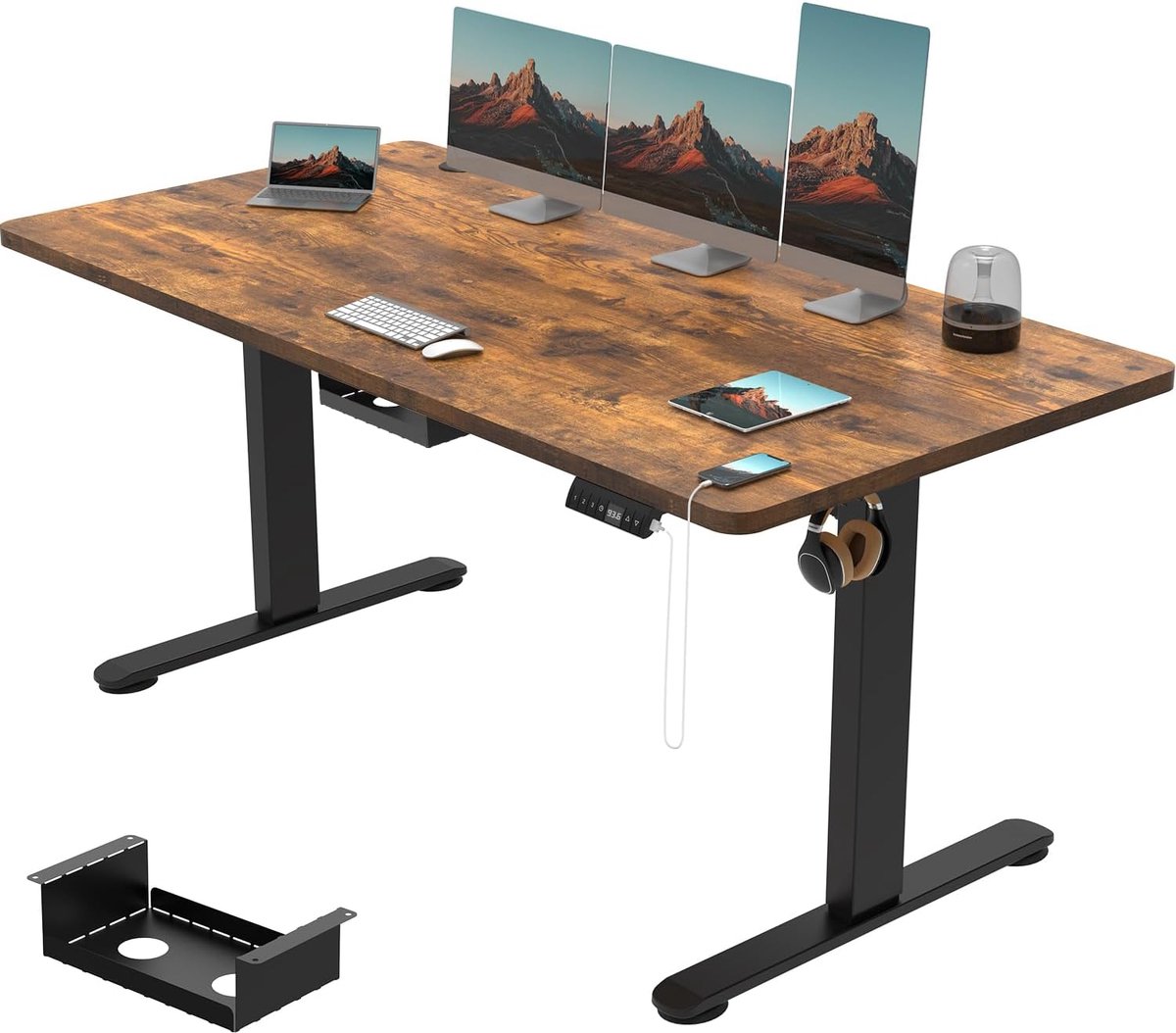 Devoko Elektrisch Zit-Sta Bureau 160x80 cm - 18 mm Bureaublad - Zit-herinnering - USB-poort - Gebrand houtlook/Zwart