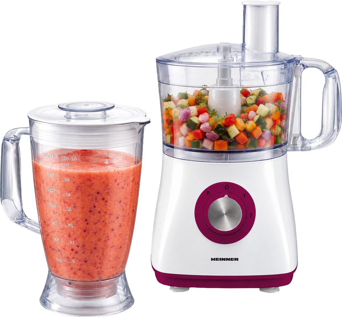 Heinner Multifunctionele Foodprocessor – 750 W – Mengkom 1,2 L – Blender 1,8 L – 2 Snelheden en Pulsstand – Hakken, Kneden, Snijden, Raspen en Emulgeren – Wit/Bordeauxrood