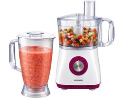 Heinner Multifunctionele Foodprocessor – 750 W – Mengkom 1,2 L – Blender 1,8 L – 2 Snelheden en Pulsstand – Hakken, Kneden, Snijden, Raspen en Emulgeren – Wit/Bordeauxrood