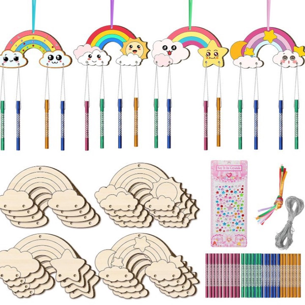 Casalora 12-delige Regenboog Windgong Knutselset – DIY Houten Windgong om te Kleuren – Kinder Creatieve Knutselactiviteit – Houten Decoratiehanger – Raamdecoratie,Tuindecoratie Regenboog